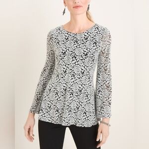 Chico’s Black/White Rose Print Bell Sleeves Lace Blouse Size 3/XL